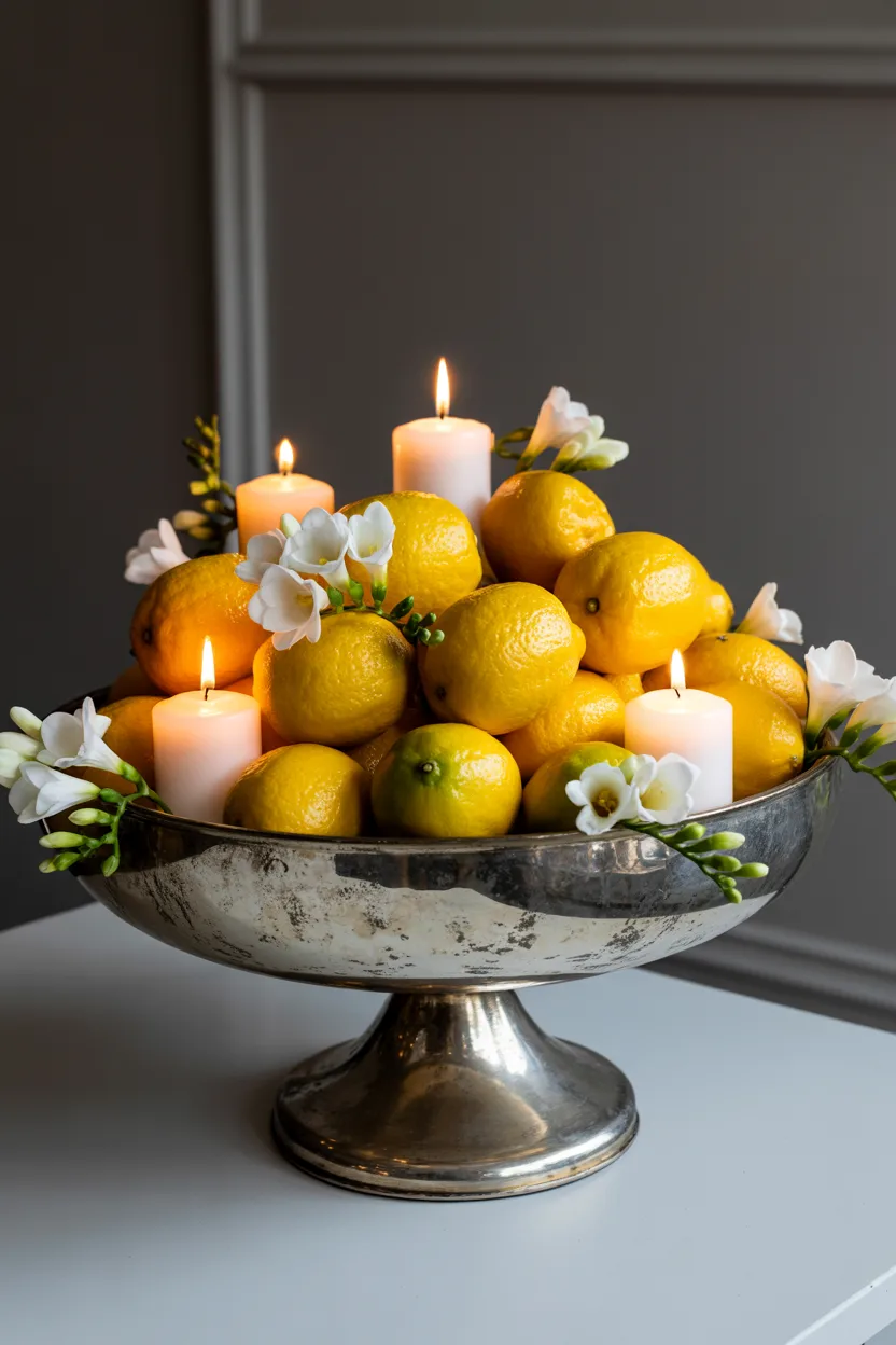 Mercury Glass Bowl with Lemons and Candles