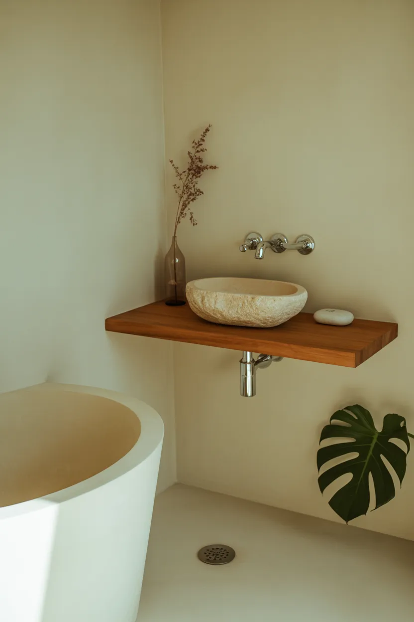 Soft Japandi-Boho Bathroom With Soaking Tub and Stone Basin