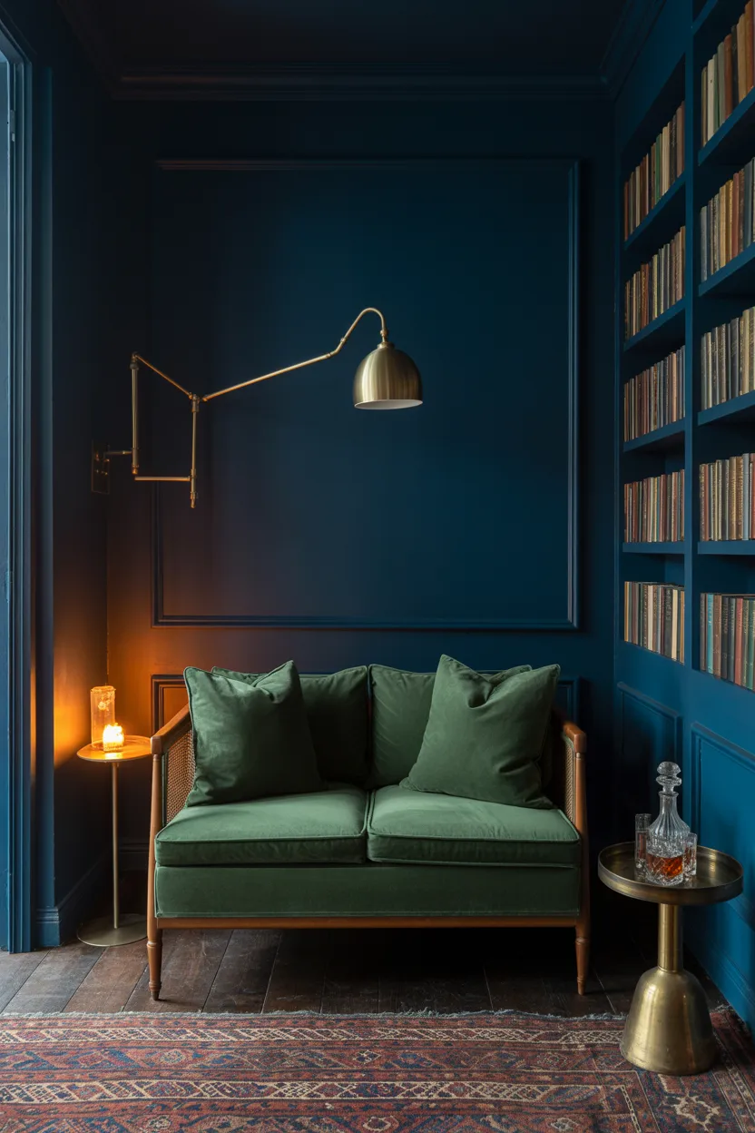 Dark and Moody Reading Nook With Velvet Sofa and Brass Lighting