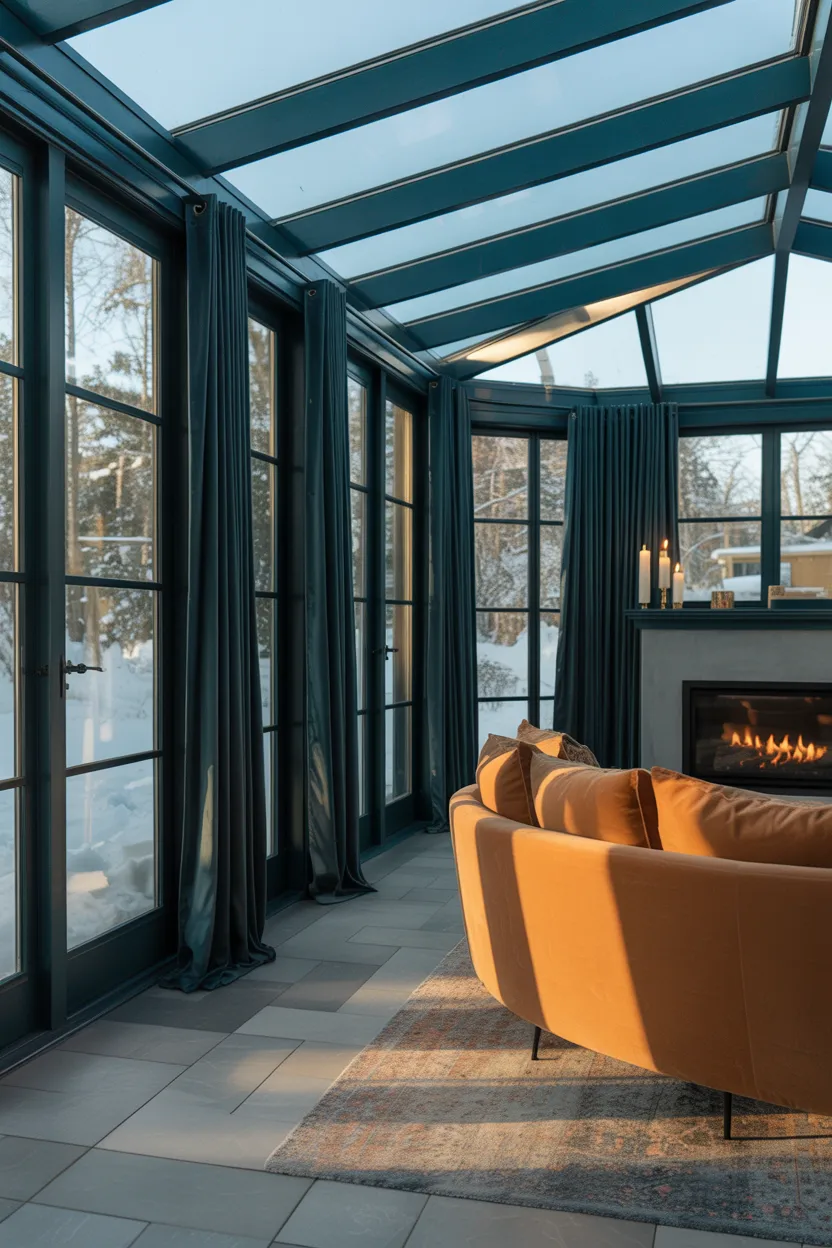 All-Season Sunroom With Heated Floors and Heavy Drapes