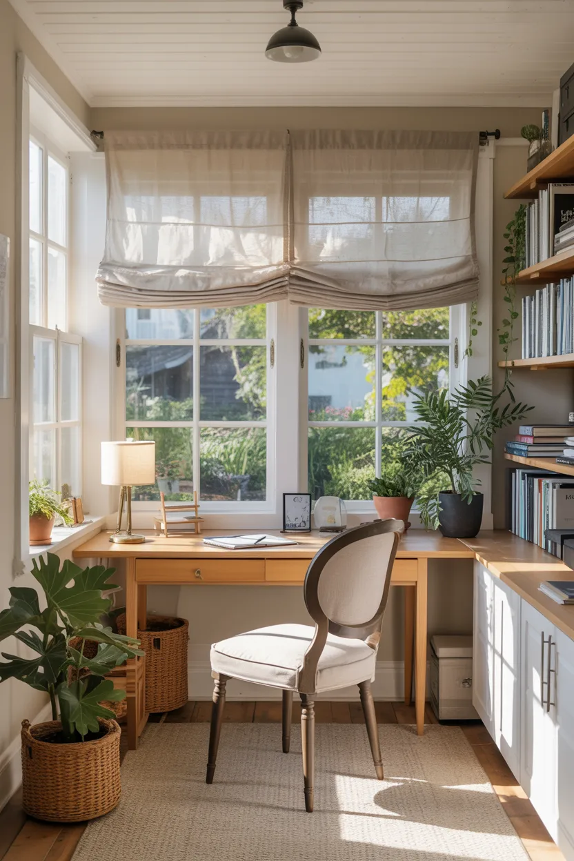 Sunroom Home Office With Natural Light and Linen Curtains