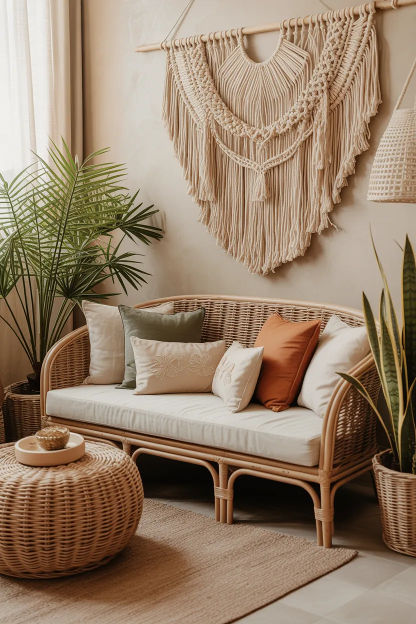 Boho Living Room Ideas Rattan Sofa With Layered Linen Cushions and Macrame Wall Hanging