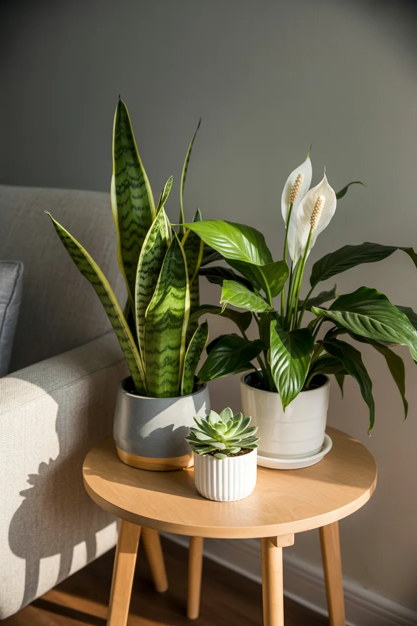 Group Three Plants of Different Heights on a Side Table