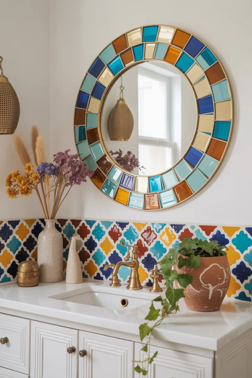  Boho Bathroom With Handmade Mosaic Mirror and Colorful Tiles