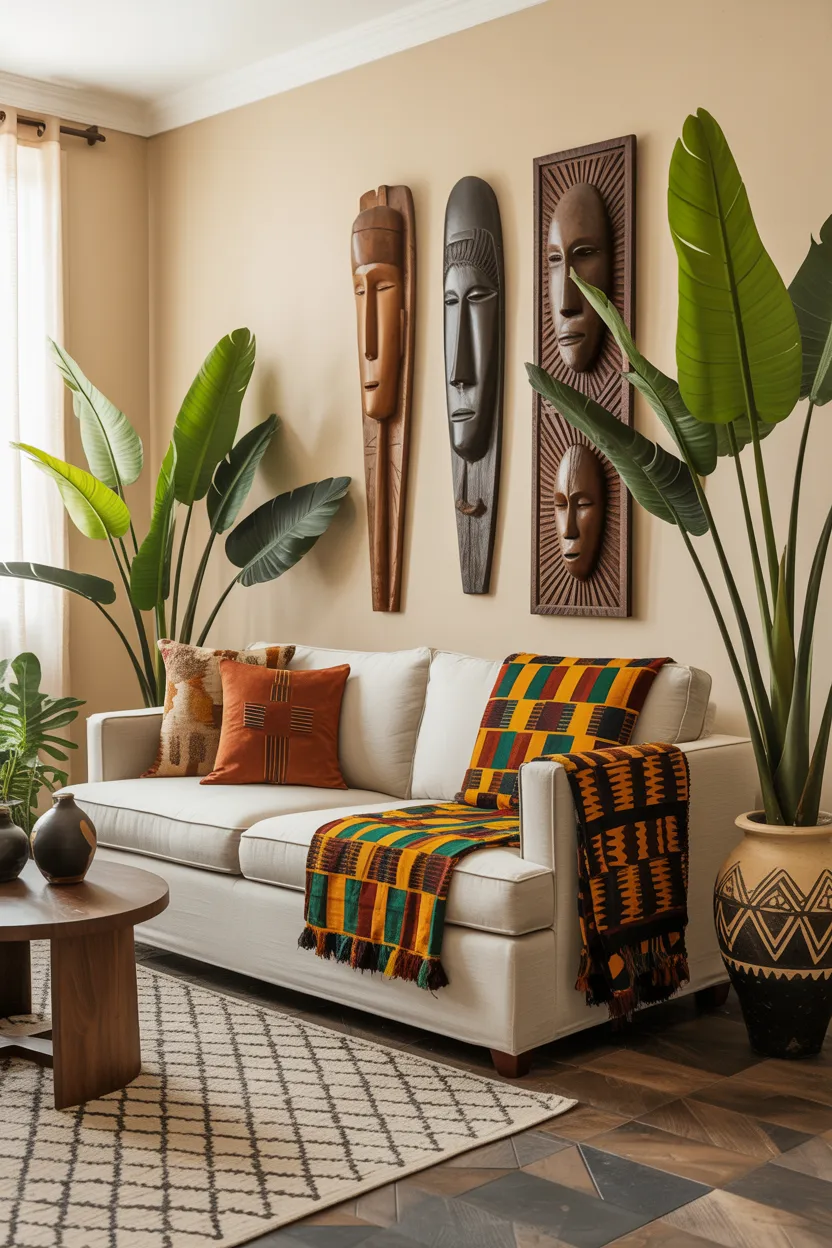 Afro-Boho Living Room With Bold Kente and Mud Cloth Textiles