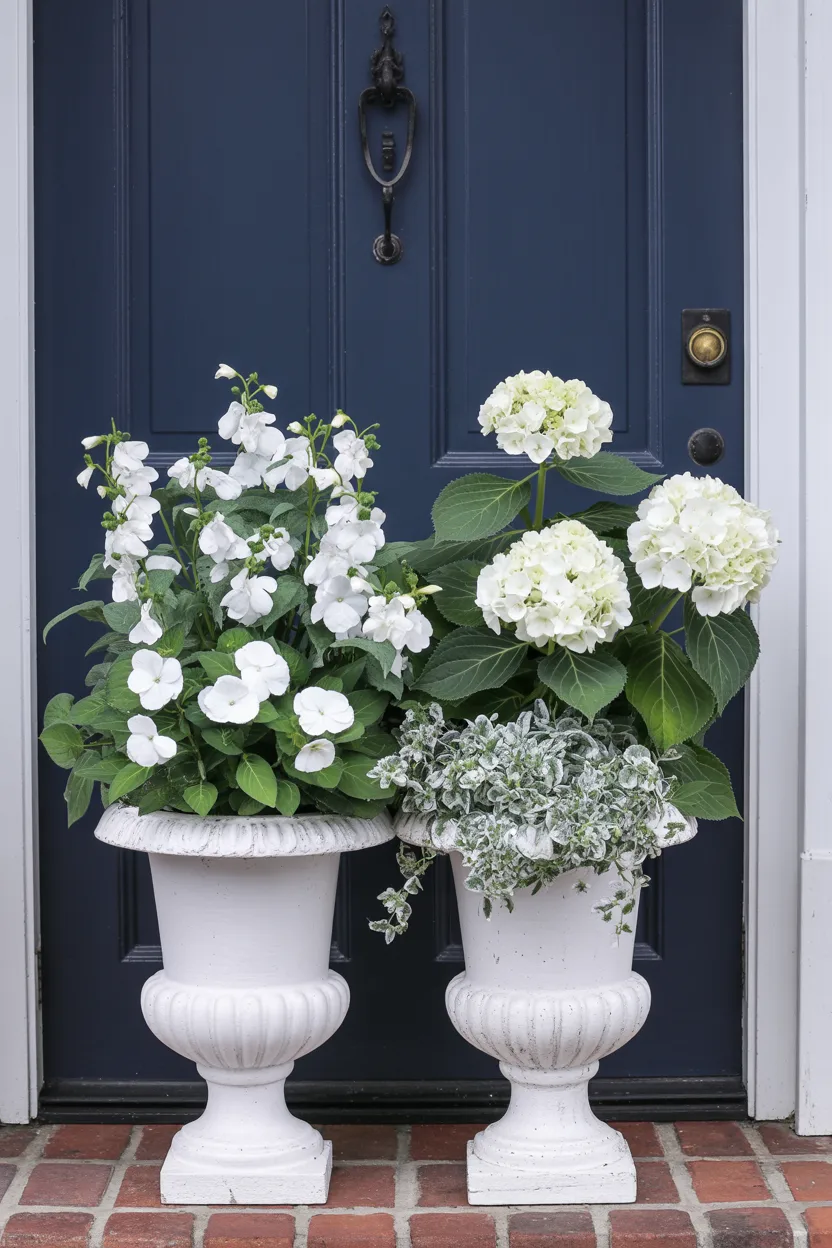 All-White Planting in Classic Urn Planters