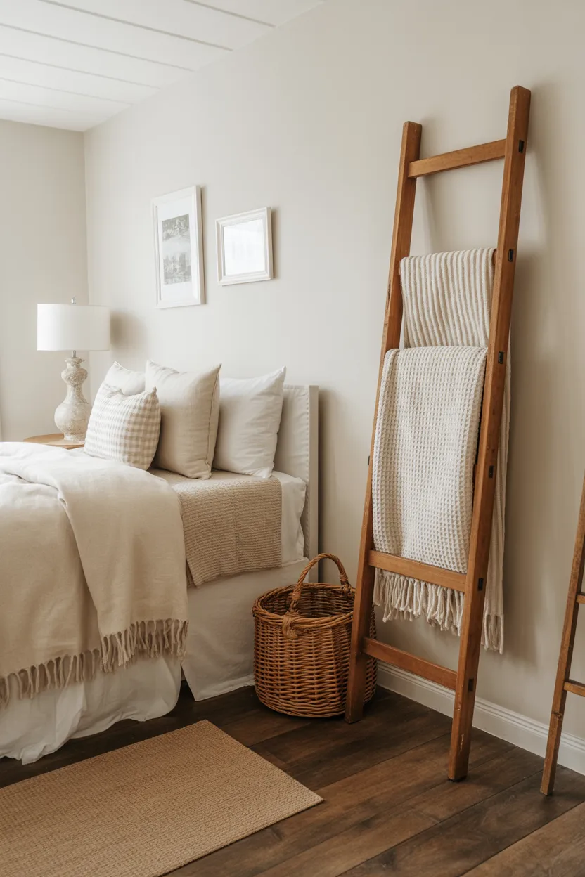 Farmhouse Bedroom With Vintage Wooden Ladder as Blanket Storage
