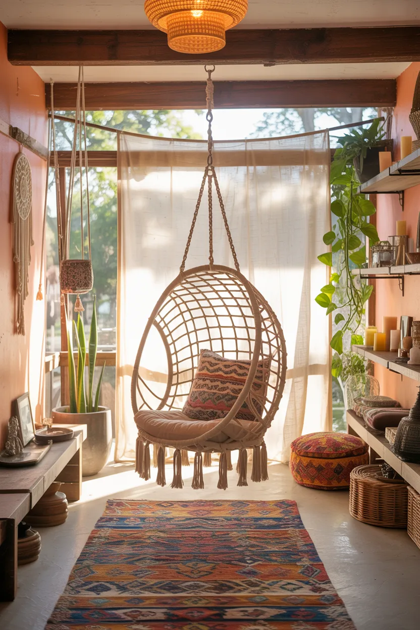 Sunroom With Hanging Egg Chair and Bohemian Textiles