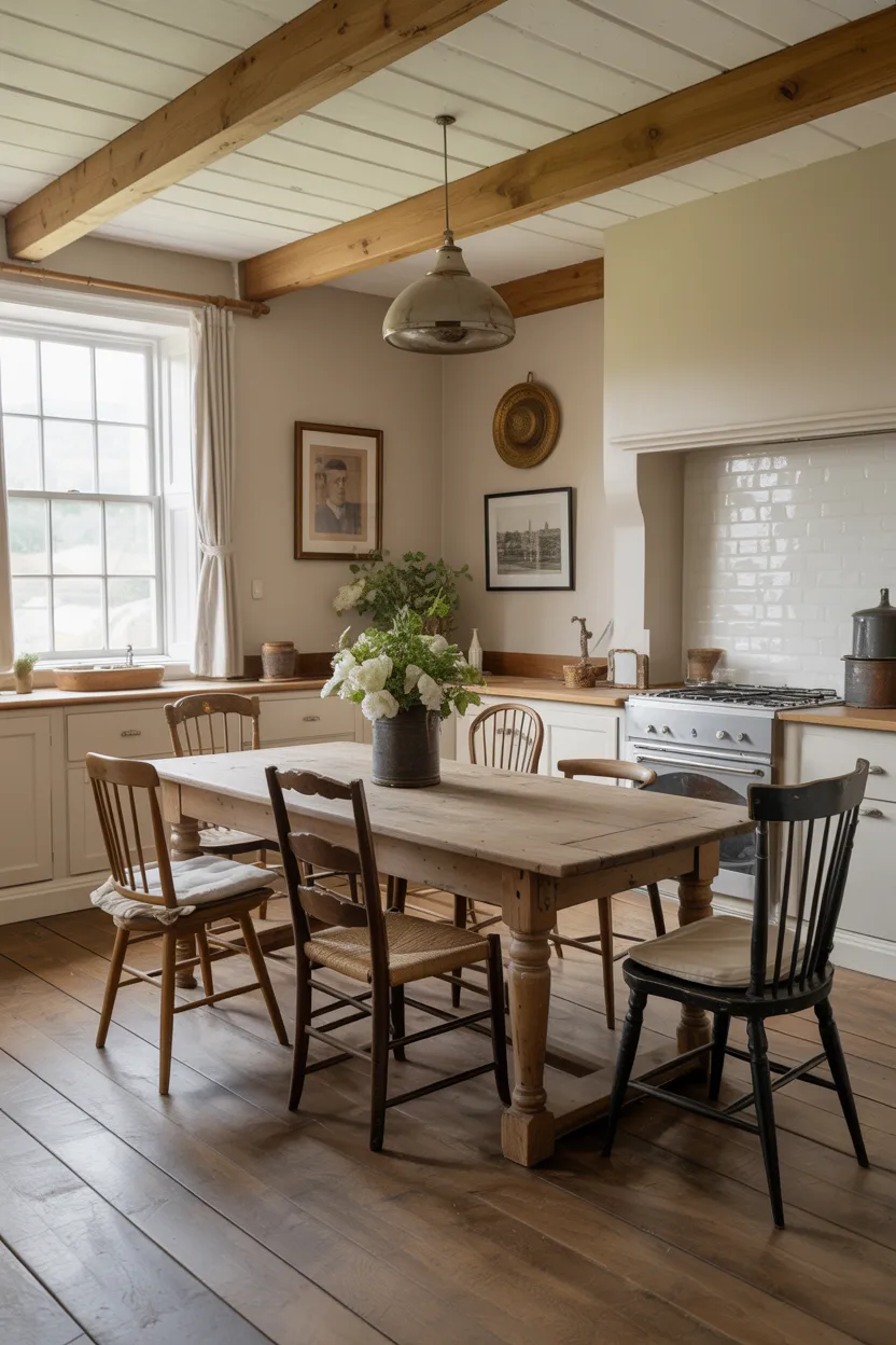 Farmhouse Table in the Kitchen With Mismatched Vintage Chairs