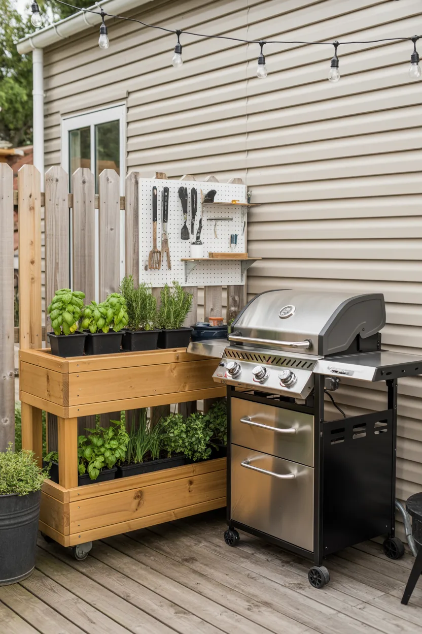 Outdoor Kitchen Corner With Grill Cart and Herb Planter Bar