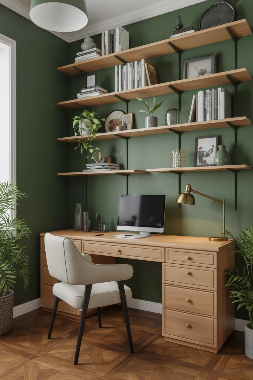 Forest Green Home Office With Natural Wood Shelving