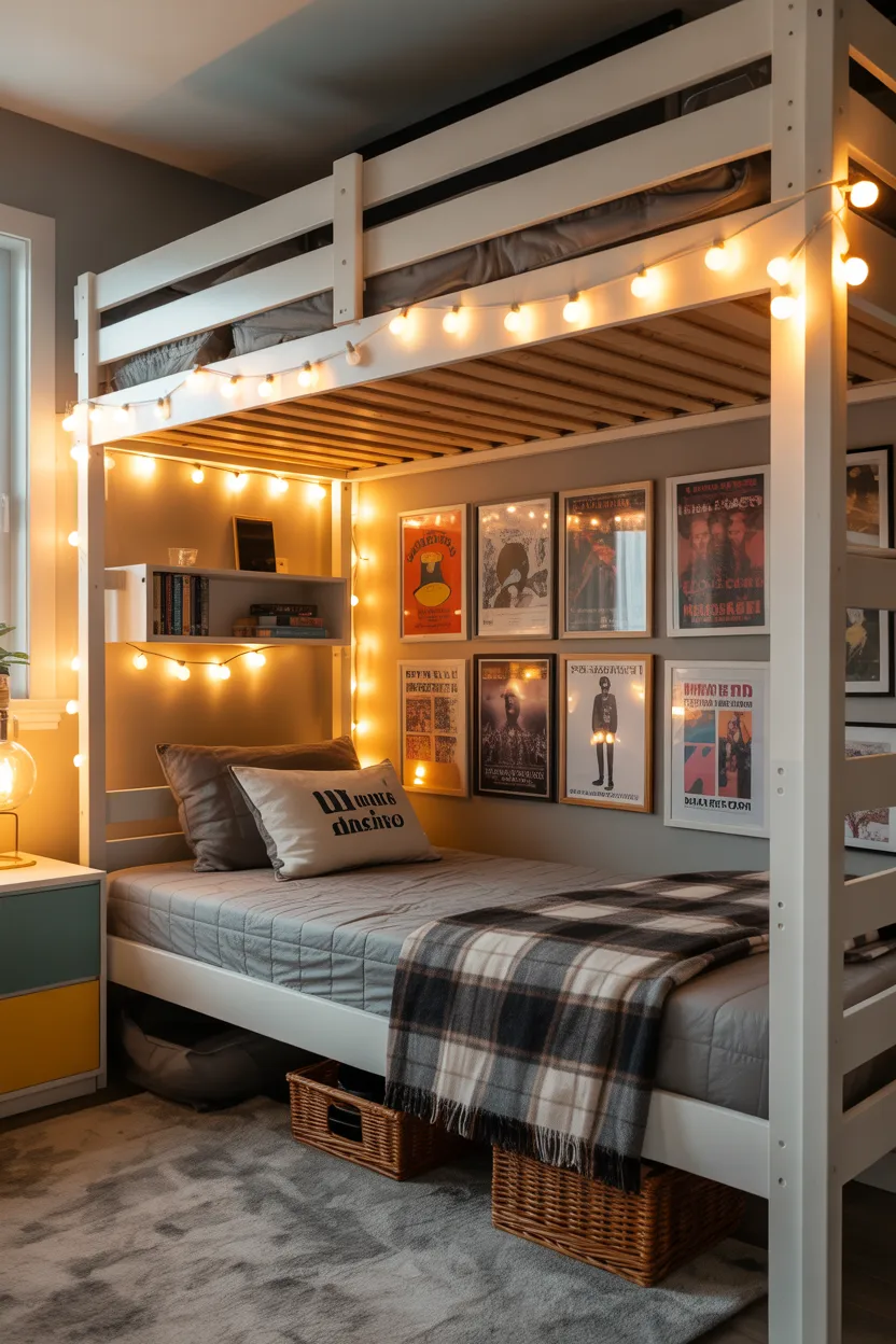 Teen Reading Nook With Loft Bed Integration and String Lights