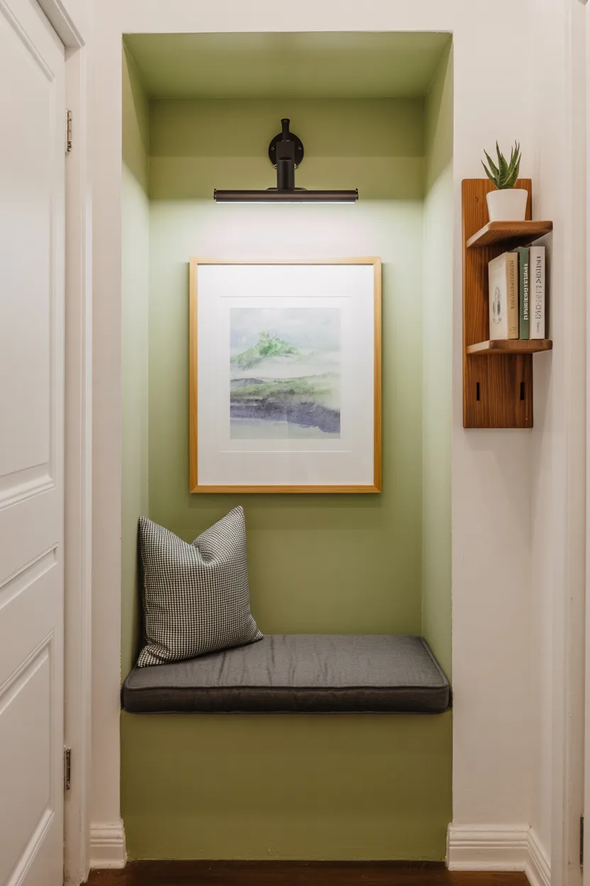 Vertical Reading Nook in a Hallway Recess With Bench and Art