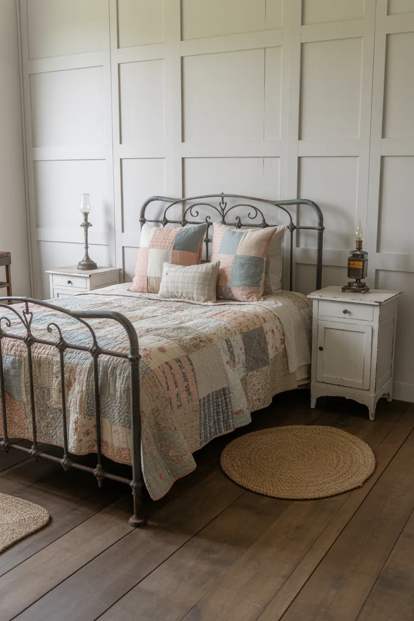 Antique Iron Bed Frame With Layered Vintage Quilts