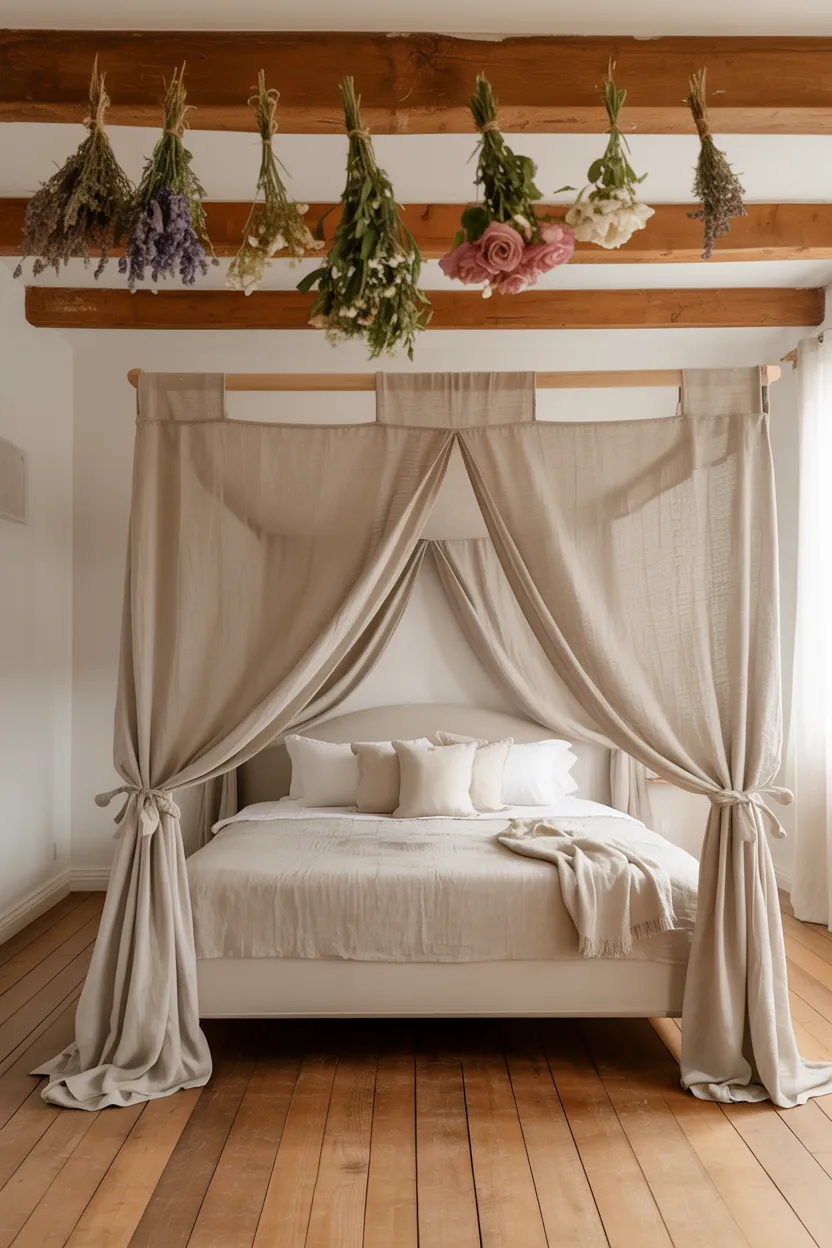 Exposed Ceiling Beams With Linen Canopy and Hanging Dried Flowers