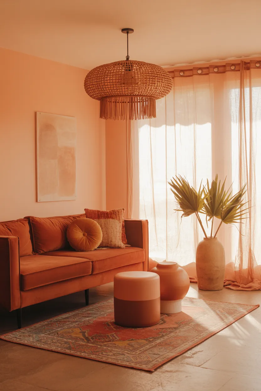  Sunset-Toned Boho Living Room in Peach, Gold, and Rust