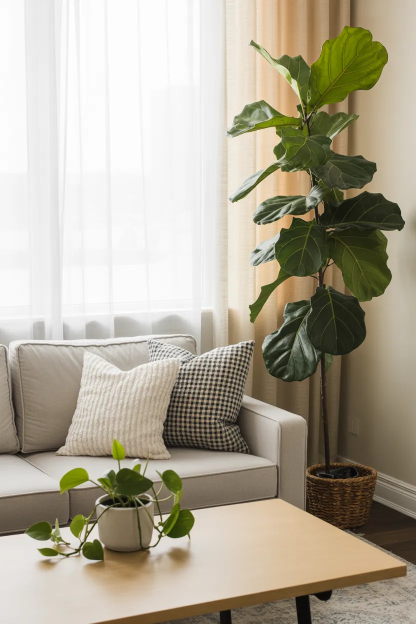 Indoor Plant Ideas Pair Tall Floor Plants with Low Coffee Table Greenery