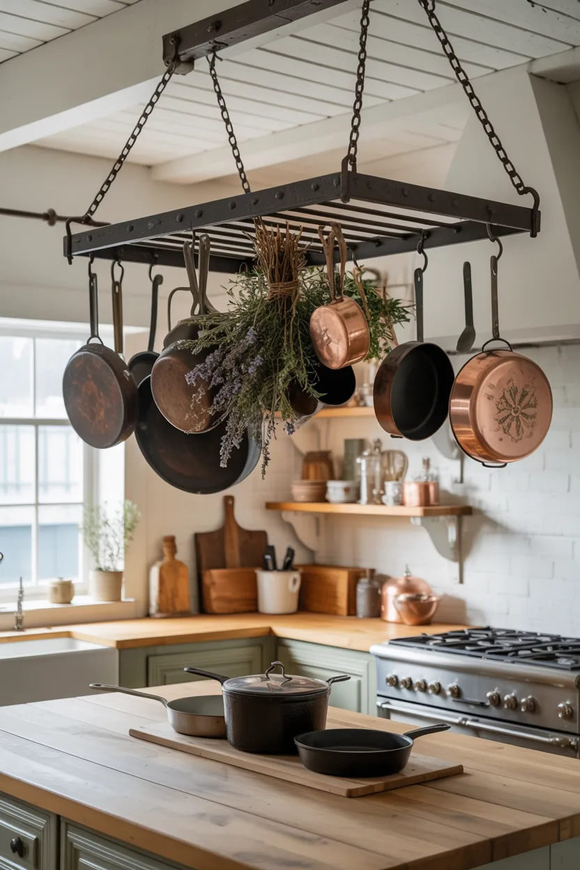Pot Rack Ceiling Installation With Cast Iron and Copper Cookware