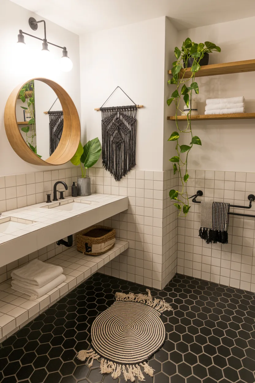 Black and White Boho Bathroom With Natural Wood Accents