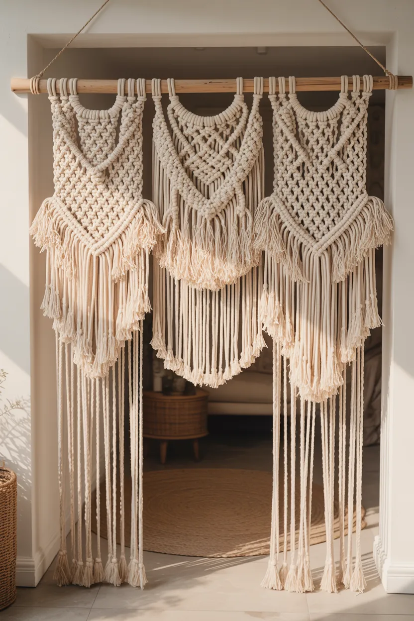 Entry Divider Ideas Hang a Row of Macramé Panels for a Bohemian Entry Screen