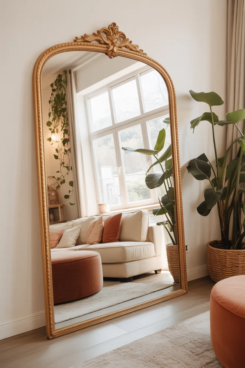 Boho Living Room With Oversized Floor Mirror and Natural Light