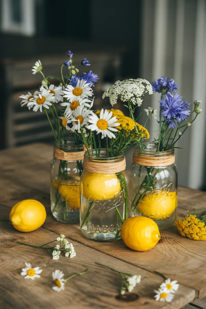  Lemon and Wildflower Mason Jar Centerpiece Cluster