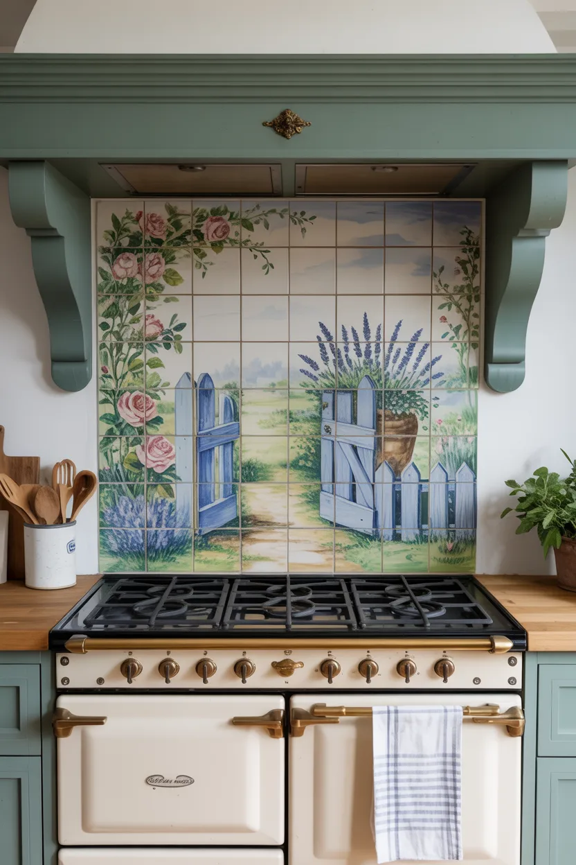  Hand-Painted Tile Mural Behind the Range as Kitchen Focal Point