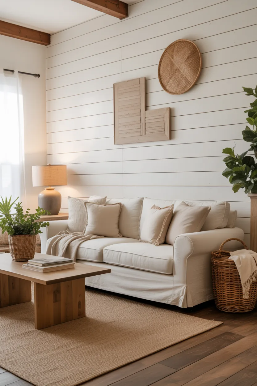 Farmhouse Living Room Ideas Shiplap Accent Wall With Neutral Tones