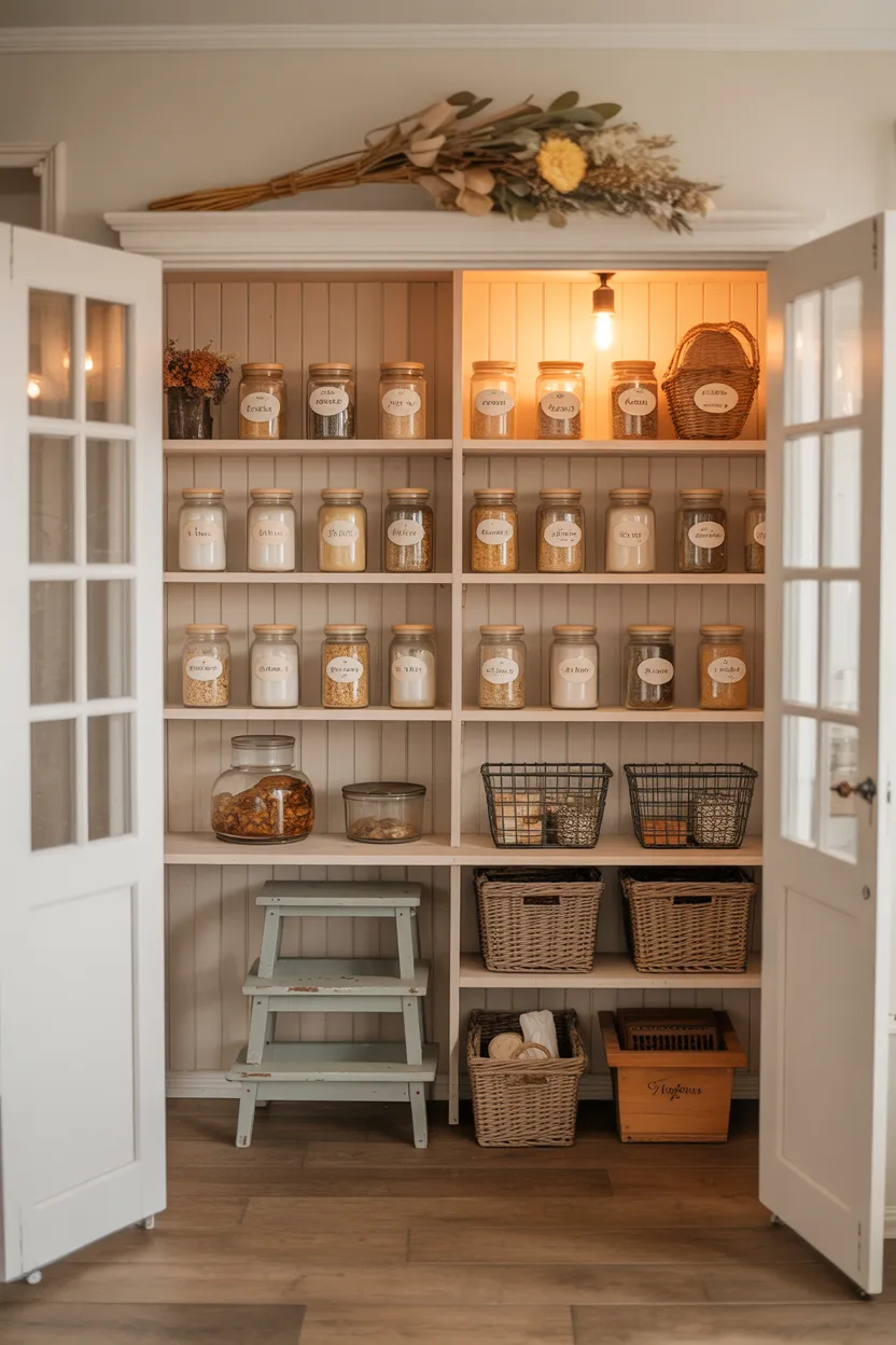 Vintage Pantry With Glass-Front Doors and Labeled Storage Jars