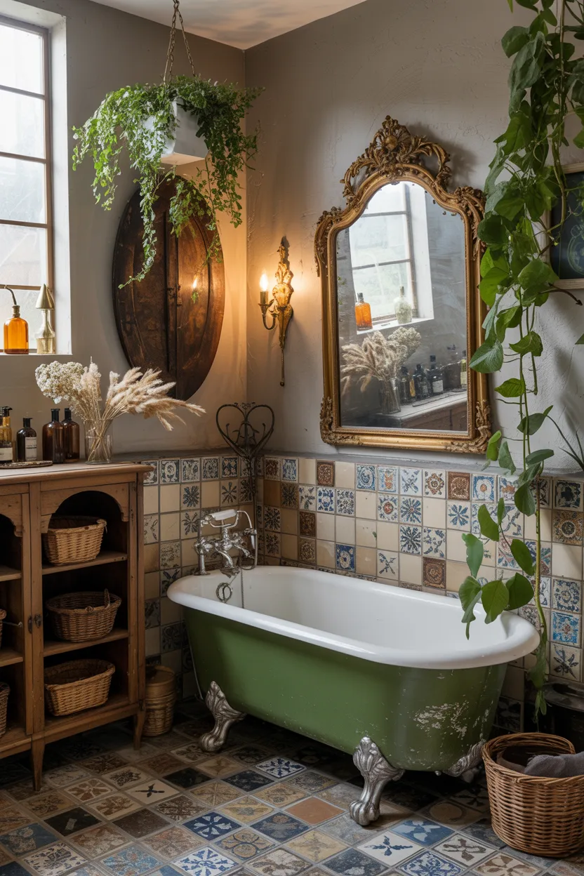 Maximalist Boho Bathroom With Collected Vintage Pieces