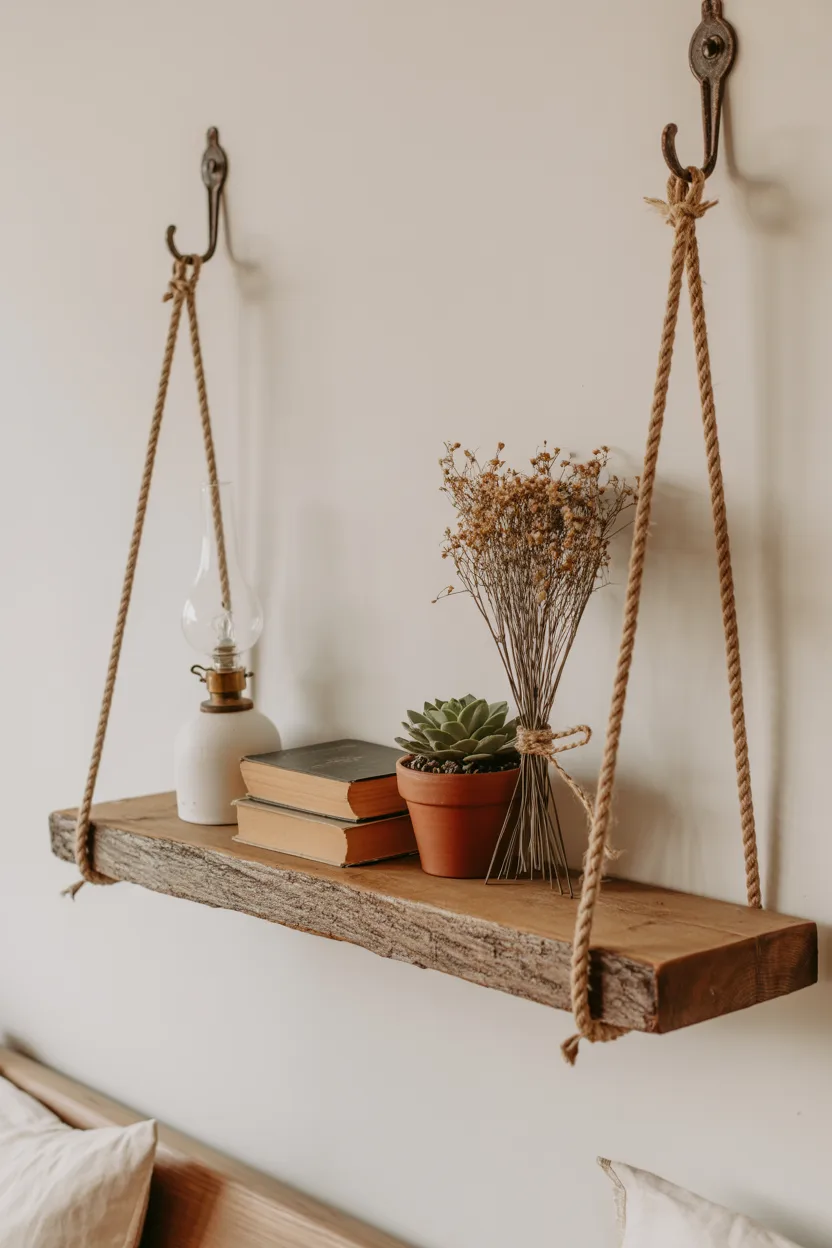 Farmhouse Bedroom With Rope-Hung Timber Shelf and Collected Objects