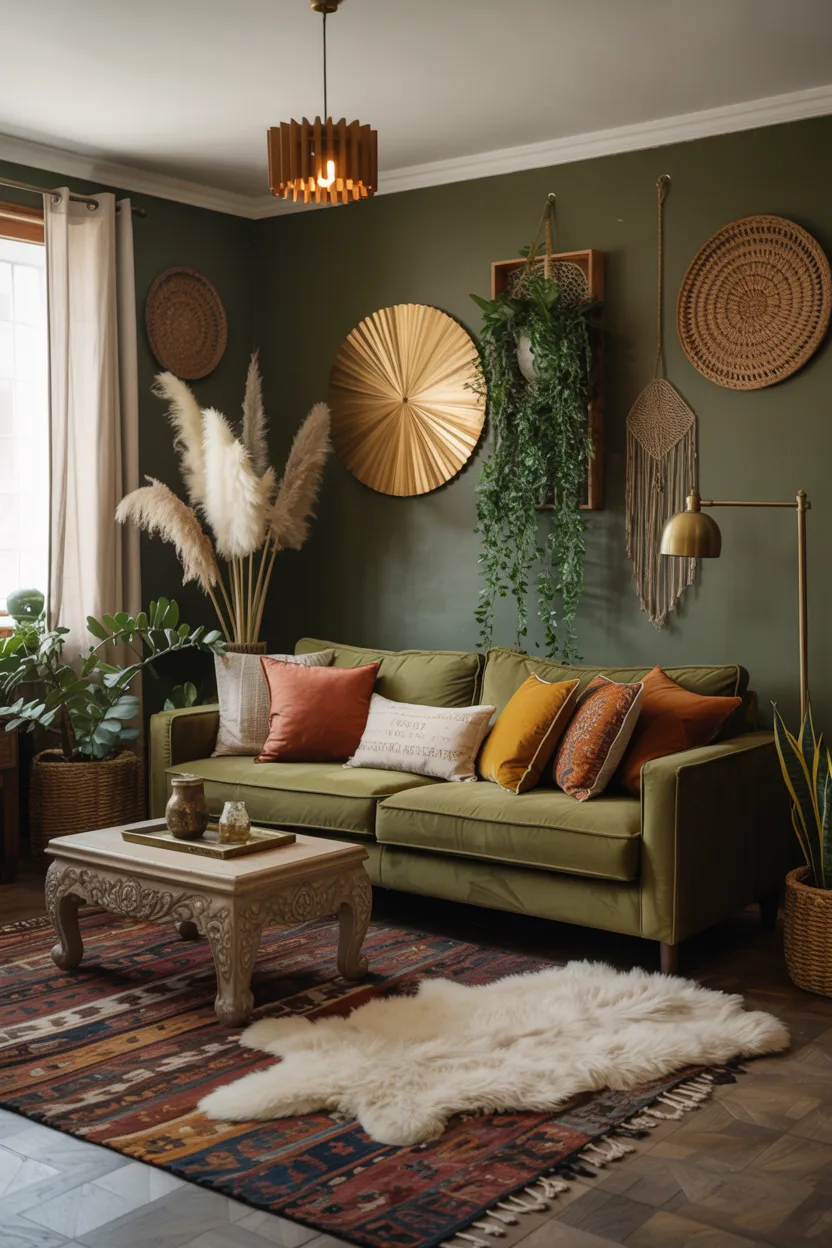 Deep Olive Green Sofa With Rust and Mustard Accents