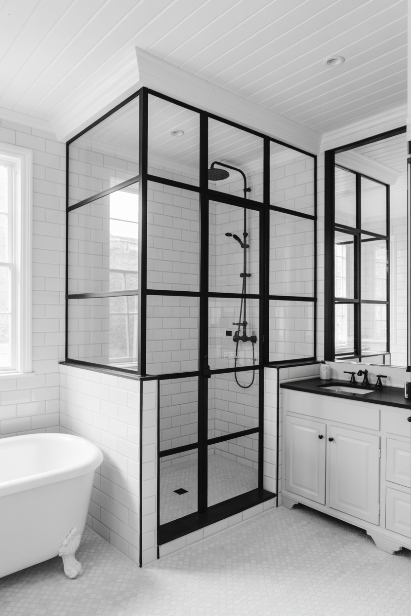 All-White Bathroom With Black Framed Shower