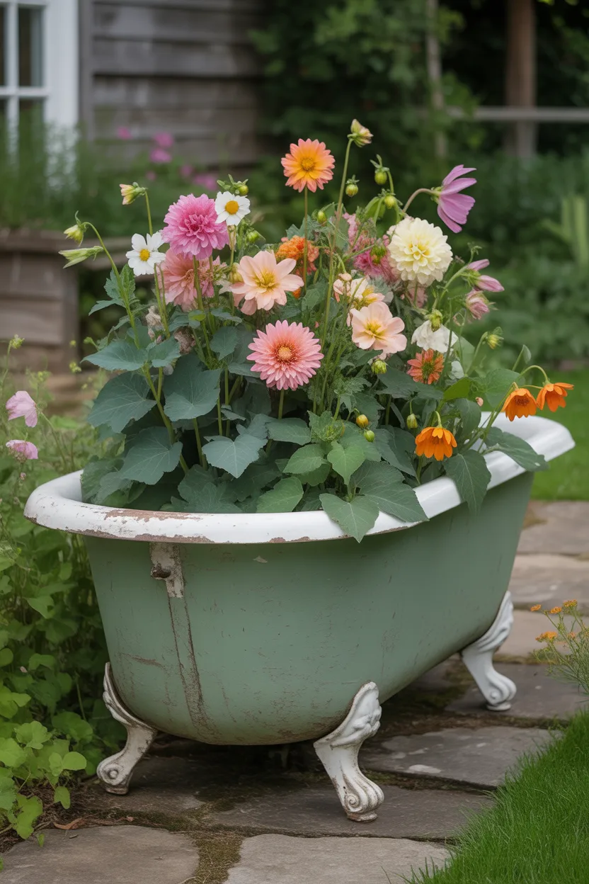 Antique Enamel Bathtub Planter