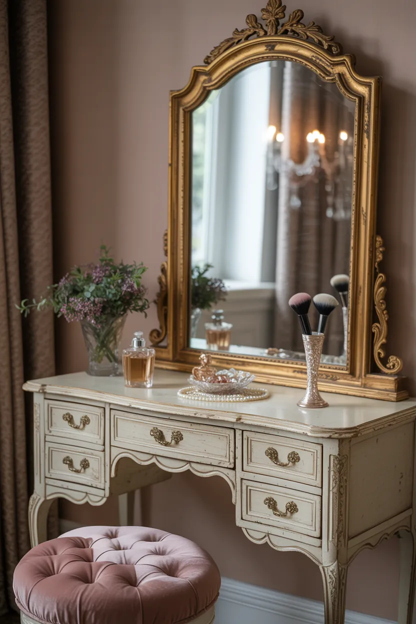 Antique Vanity Table With Ornate Mirror