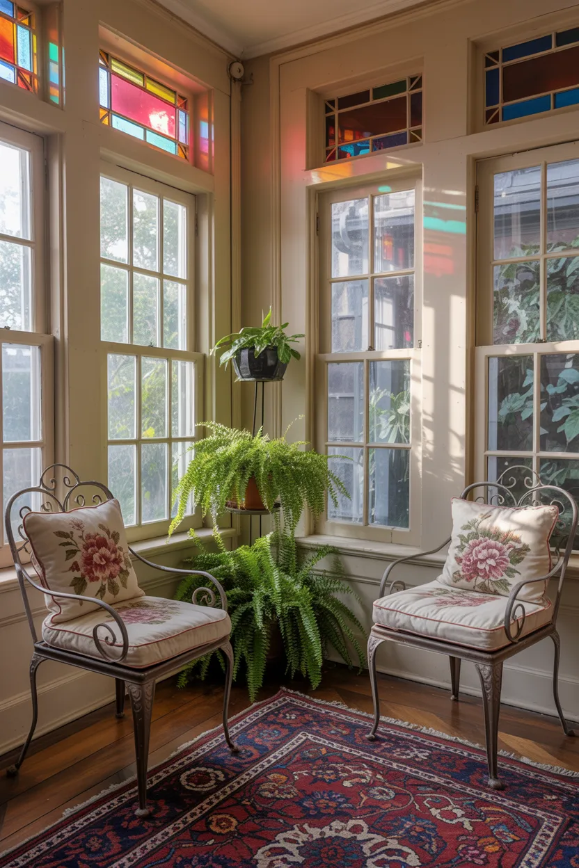 Vintage Sunroom With Antique Furniture and Stained Glass Panels
