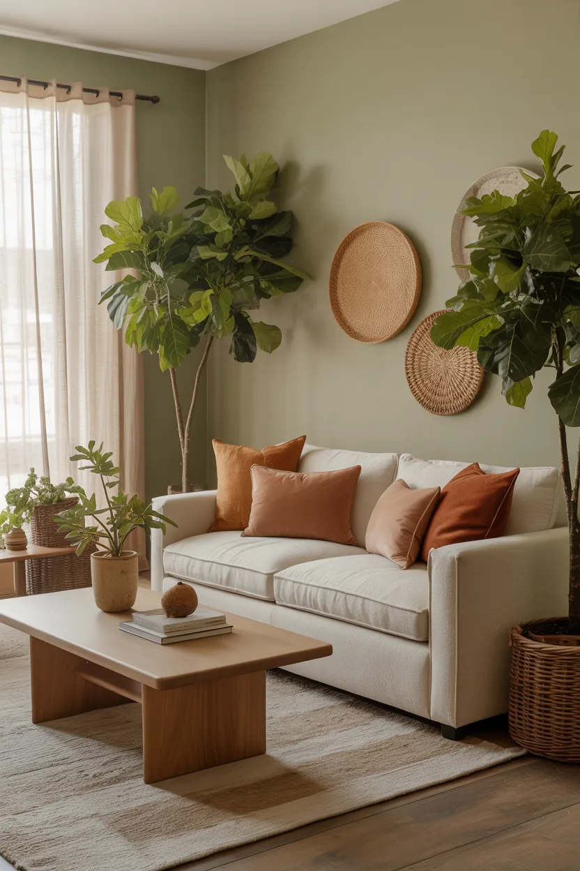 Colorful Apartment Ideas Sage Green Living Room With Terracotta Throw Pillows