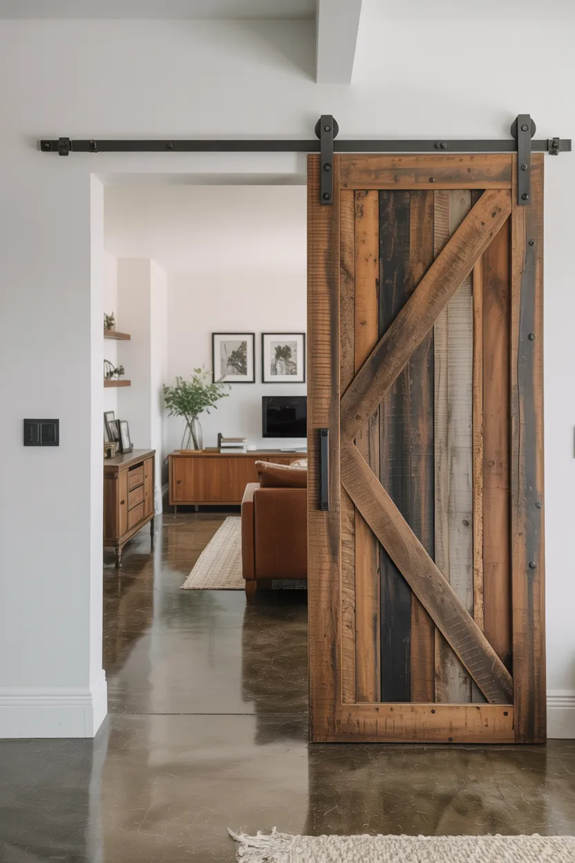 Barn Door on Black Metal Track as Room Divider