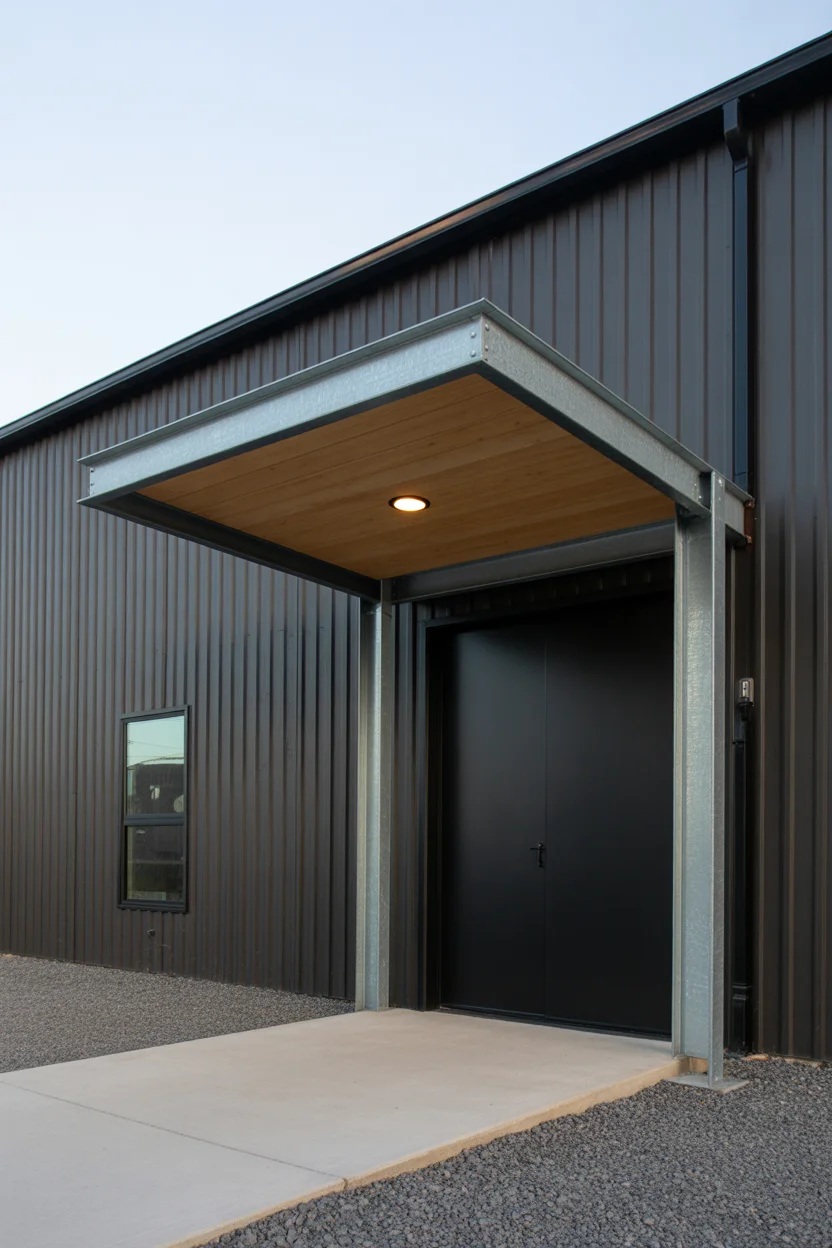  Barndominium With Industrial Steel Framed Entry Canopy