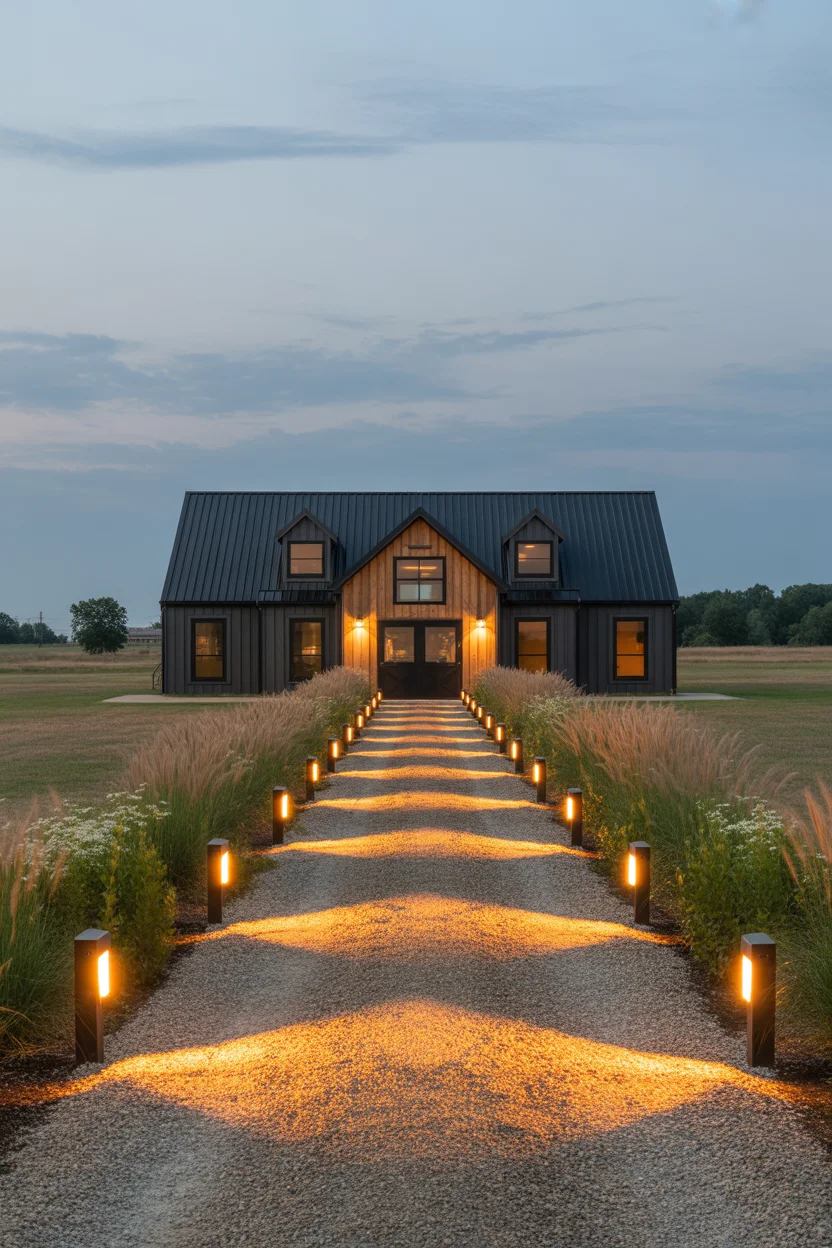 Barndominium With Landscape Integrated Entry Drive and Lighting