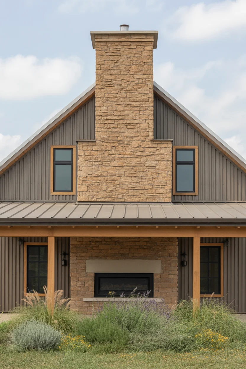 Barndominium With Natural Stone Chimney Feature