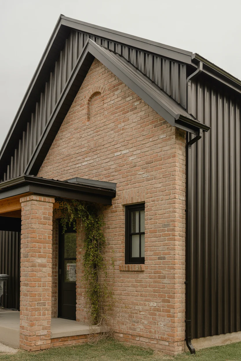 Barndominium With Reclaimed Brick and Black Metal Combination
