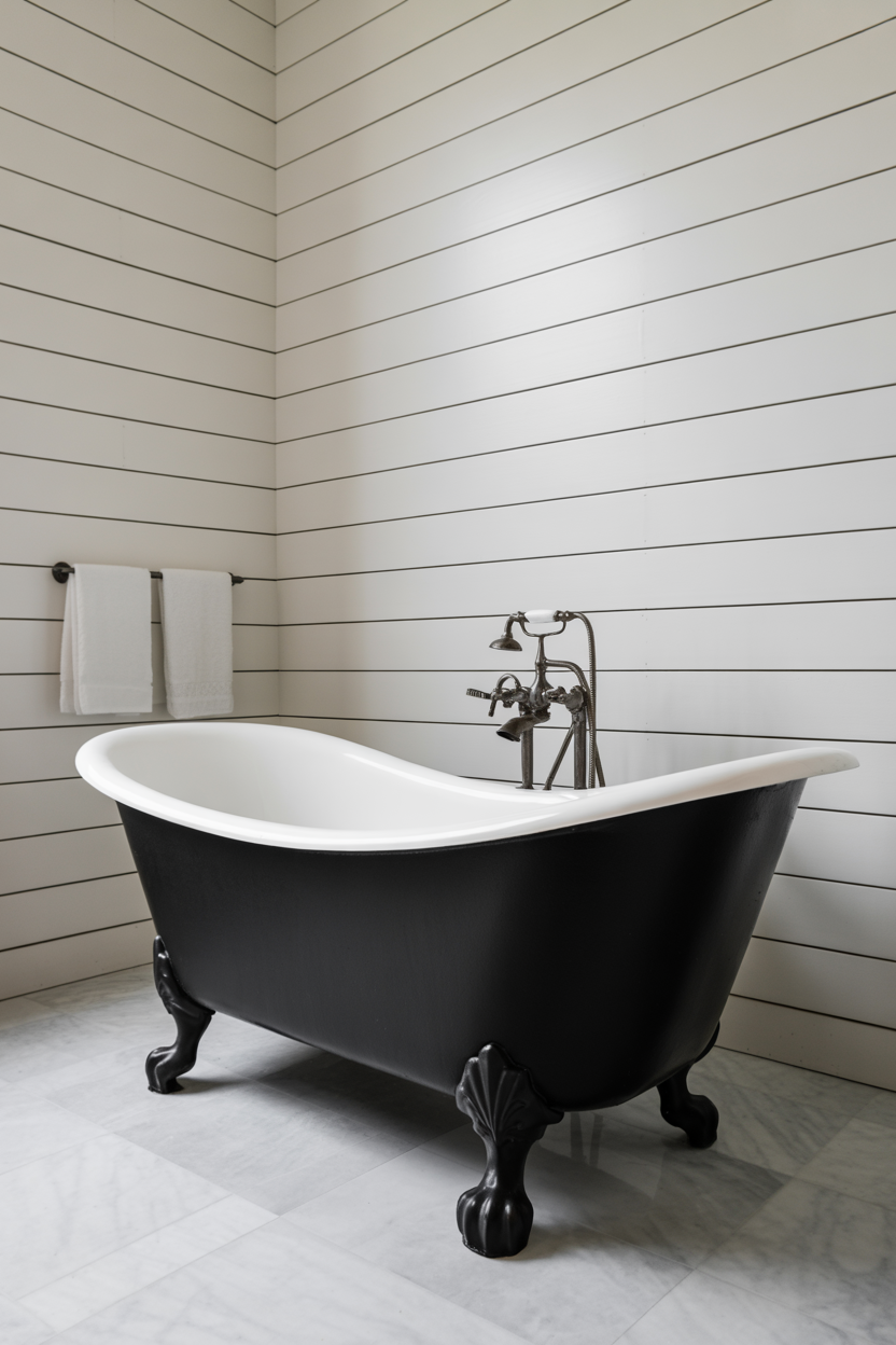 Black Clawfoot Tub in White Bathroom