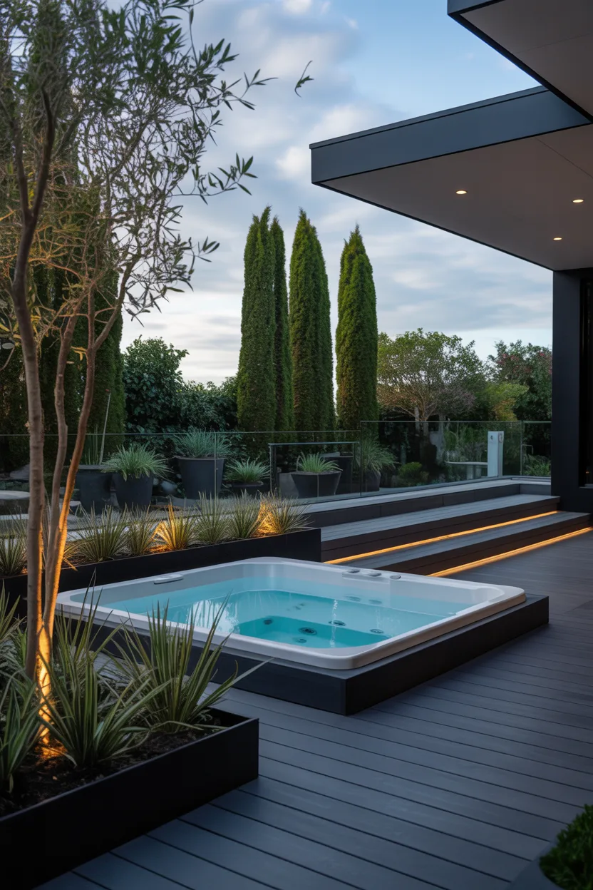 Black Exterior Jacuzzi on a Modern Dark Deck