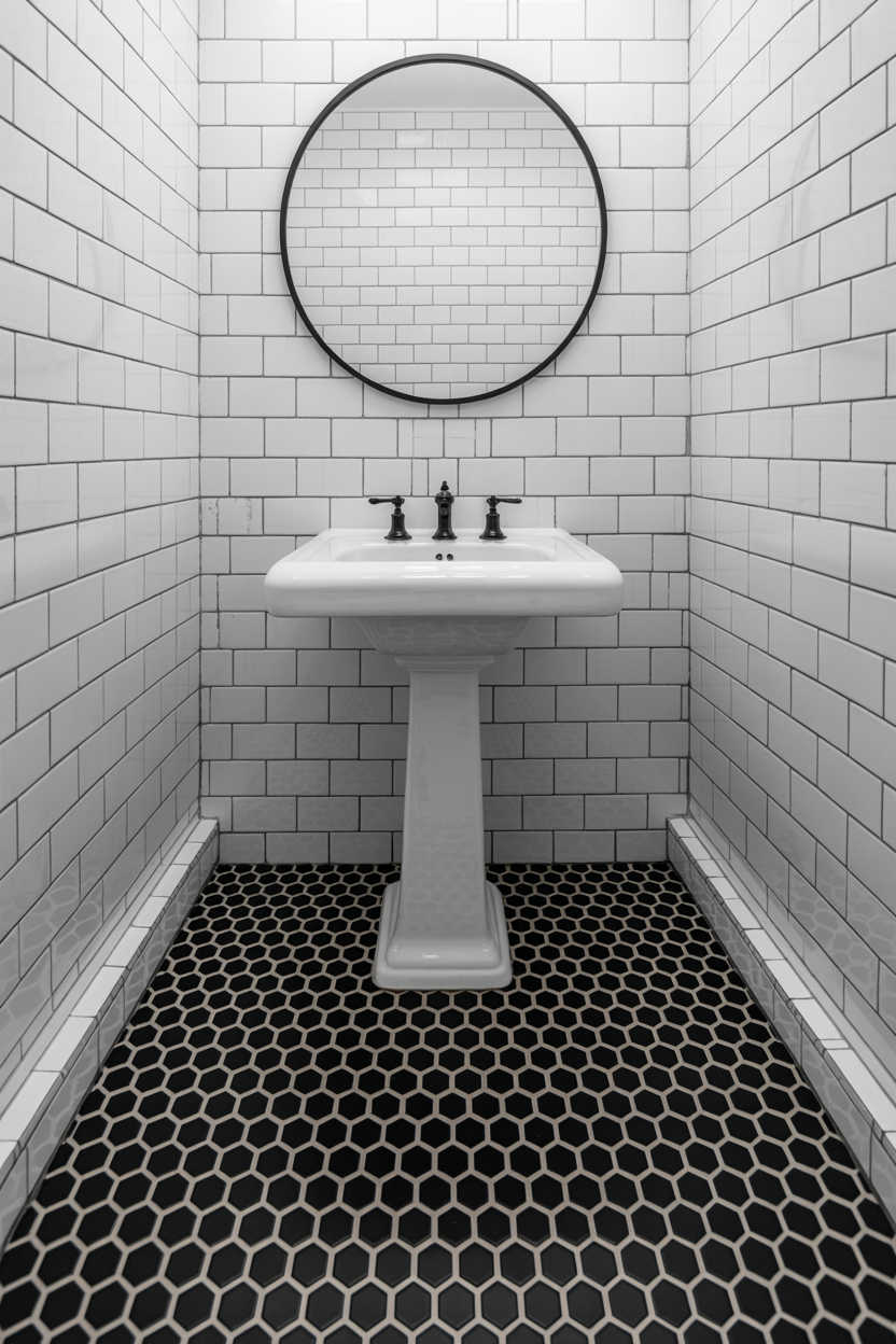 Black Hex Tile Floor With White Subway Walls