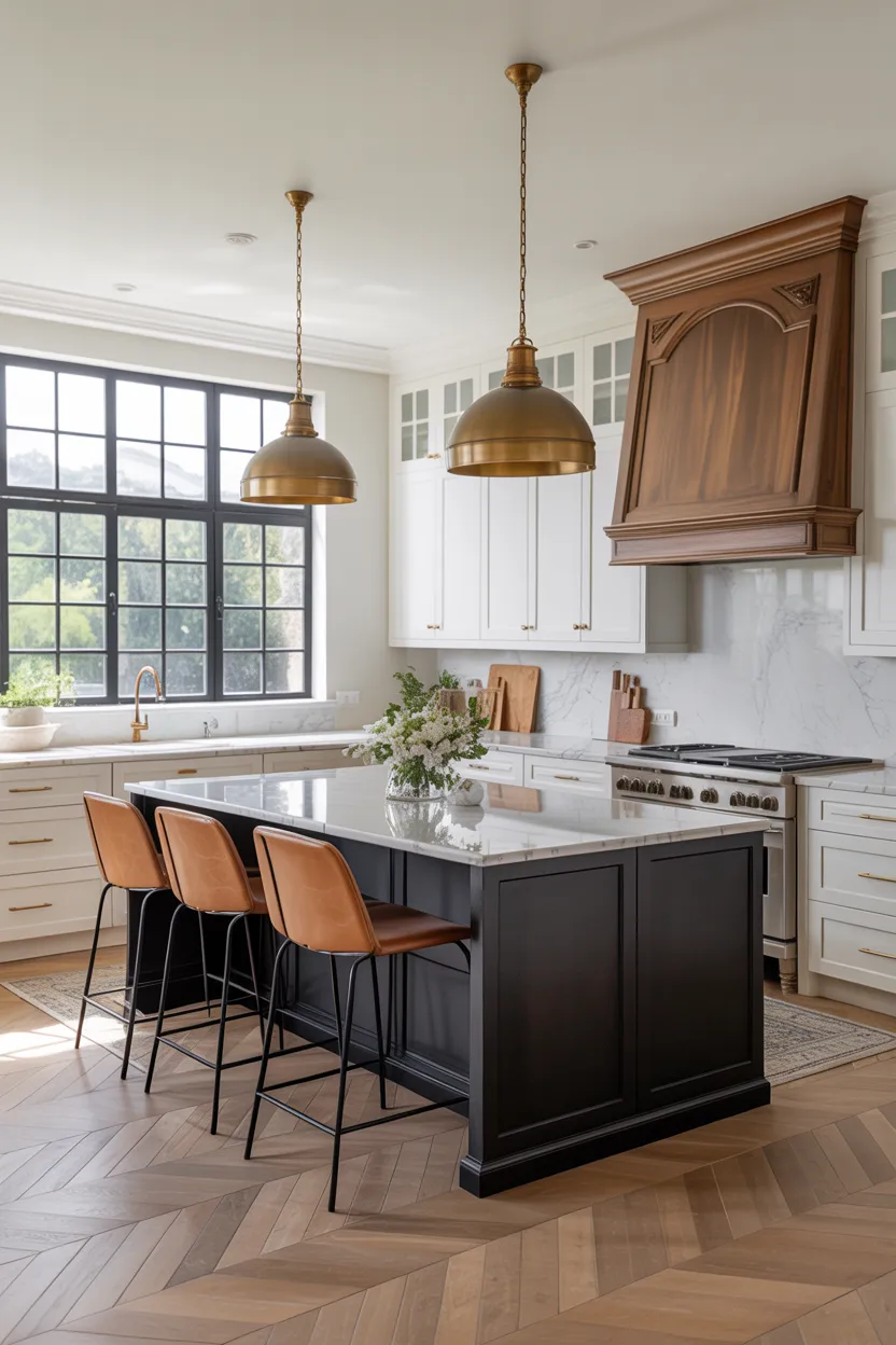 Black Island With White Perimeter Cabinets