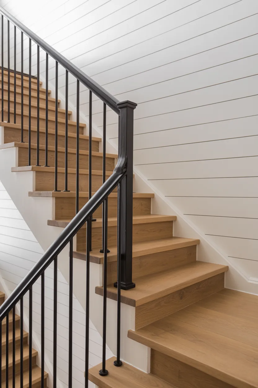 Black Metal Staircase Railing With Wooden Treads