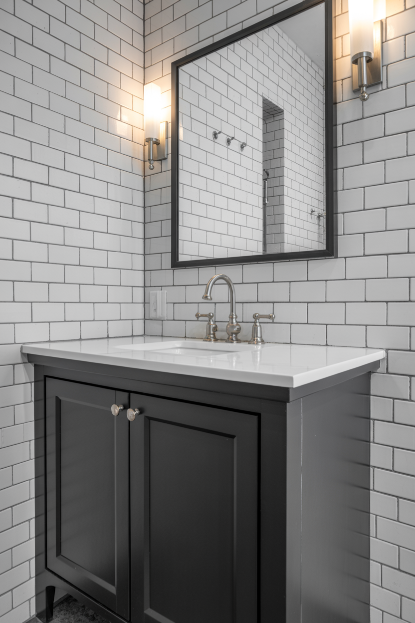 Black Painted Vanity With White Subway Tile