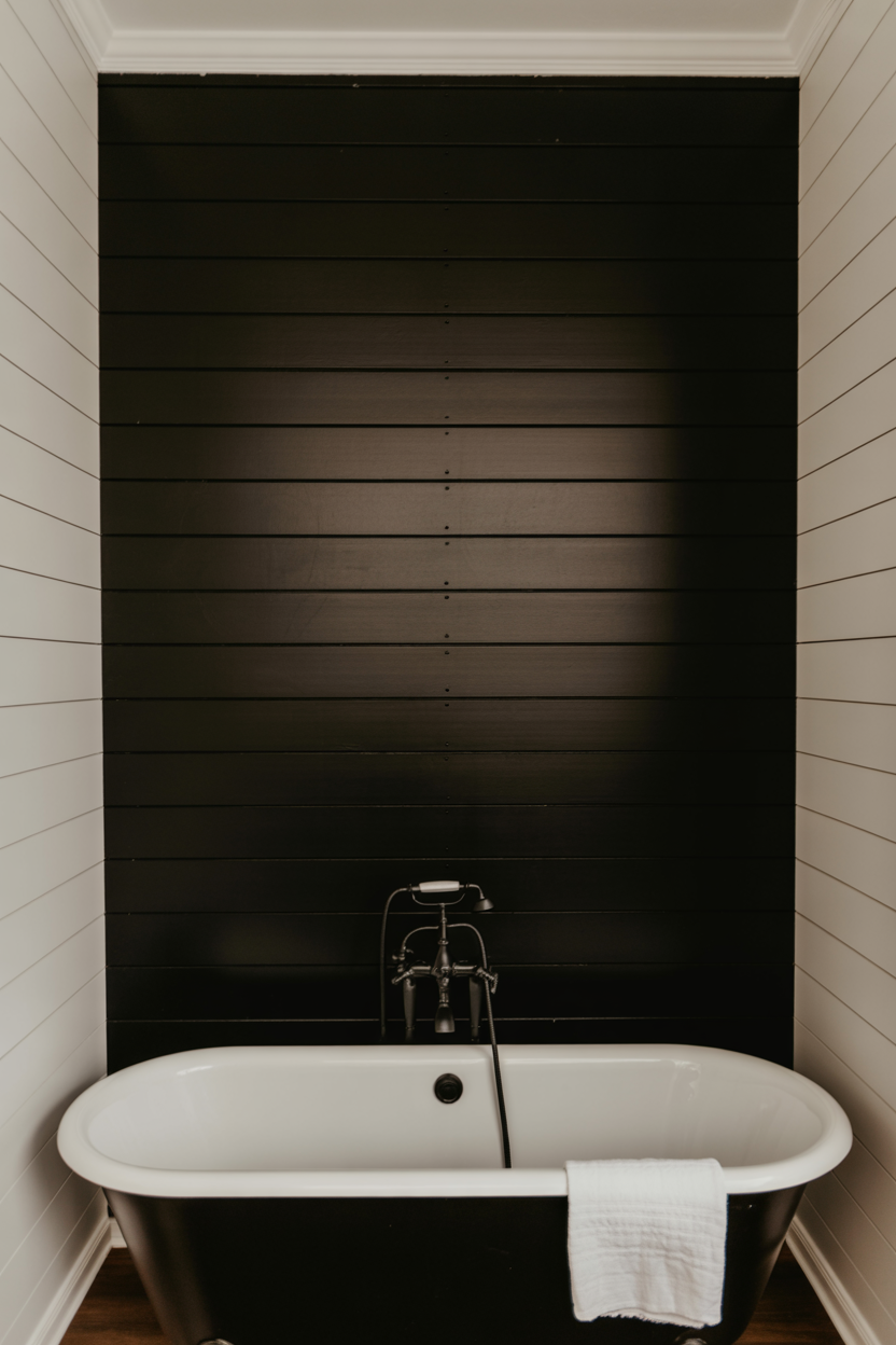 Black Shiplap Accent Wall in White Bathroom