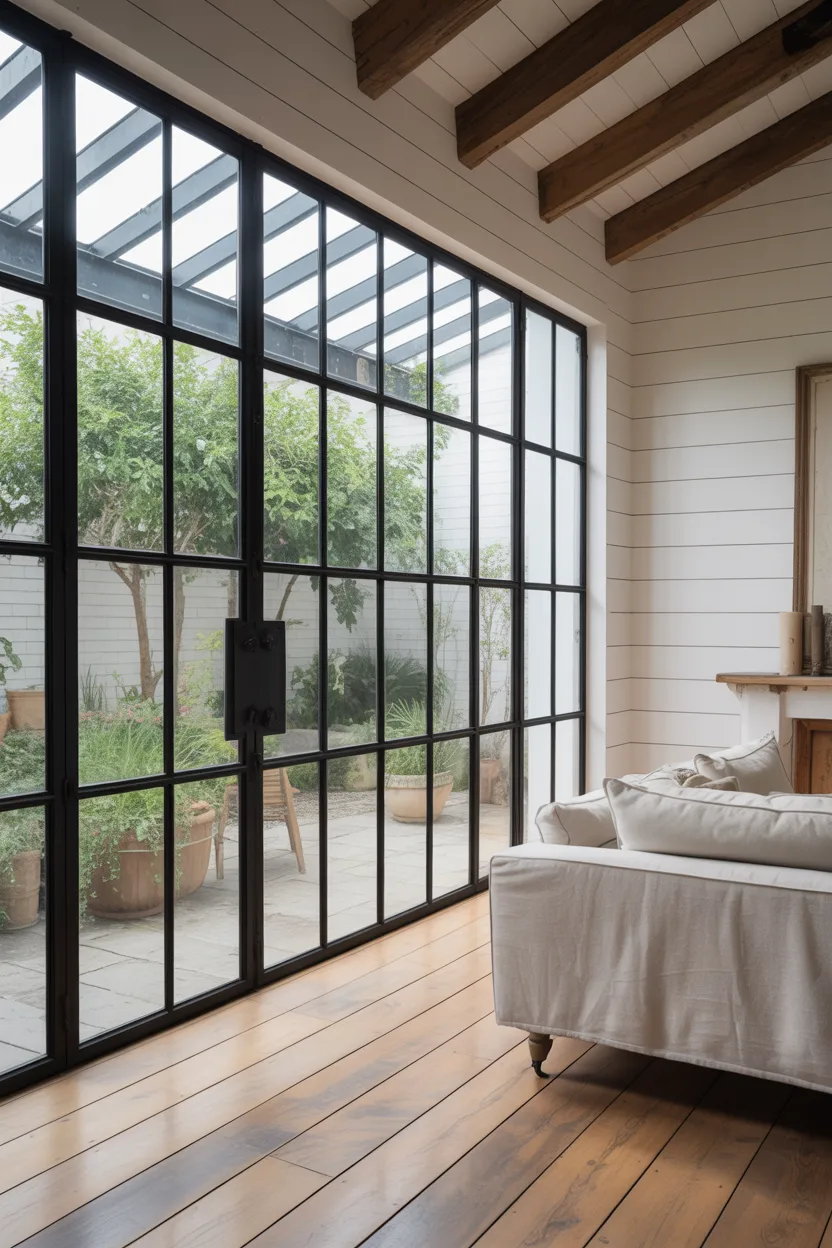 Black Steel Window Frames With Warm Wood Floors